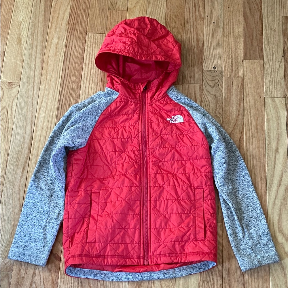 North Face Jacket Boys Small Red Gray Logo Quilted Zip Up Sweater Outdoors